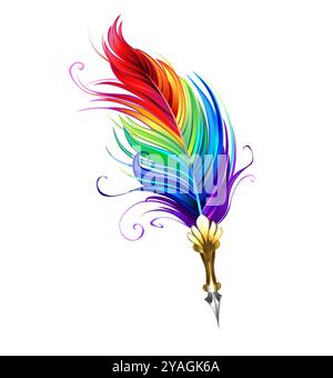 Artistiquement dessiné, stylo plume antique décoré avec arc-en-ciel, plume de couleur vive sur fond blanc. Rainbow Quill. Illustration de Vecteur