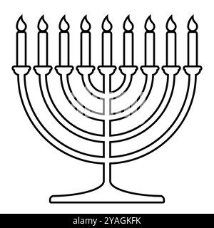 Hanukkah menorah, illustration de silhouette vectorielle en noir et blanc de hanukkiah candélabre à neuf branches avec des bougies Illustration de Vecteur