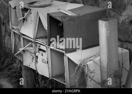 Photo en noir et blanc de vieilles boîtes aux lettres altérées envahies de végétation Banque D'Images