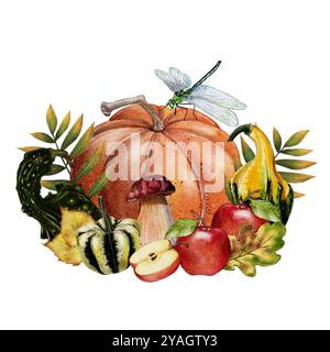 Composition automnale de citrouille avec des champignons, des pommes, des feuilles d'automne et de la libellule, illustration aquarelle sur fond blanc. Récolte d'automne, décor pour Halloween, citrouille classique orange. Banque D'Images