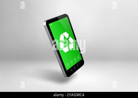 Smartphone avec un symbole de recyclage sur l'écran. concept de conservation de l'environnement. Illustration 3D isolée sur fond blanc Banque D'Images