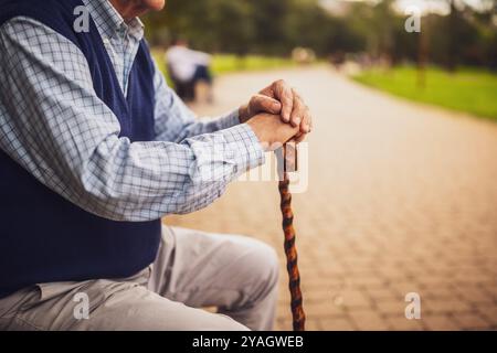 Gros plan image de senor hommes main avec la canne de marche. Homme senior assis sur le banc dans le parc et relaxant. Banque D'Images
