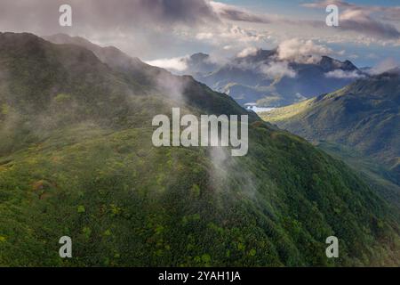 Vue aérienne au lever du soleil, parc national de Morne trois Pitons, Dominique Banque D'Images