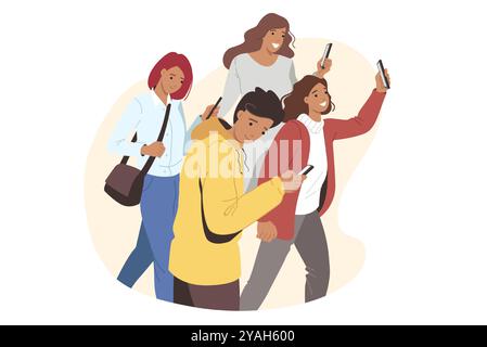 Les téléphones portables sont entre les mains des gens qui marchent utilisent des gadgets sur le pouce et risquent de trébucher Illustration de Vecteur