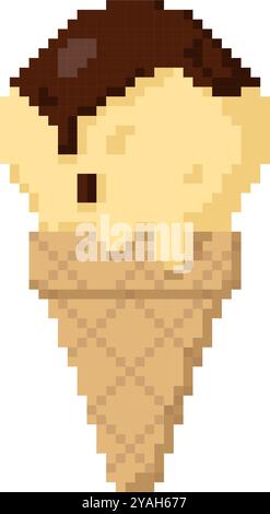 Cône de crème glacée à la vanille avec du chocolat sur le vecteur d'icône plat supérieur. Style pixel 8 bits Illustration de Vecteur