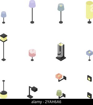 Set de lampe, applique murale, lampadaire, lampe de table. Variété de luminaire. Vecteur de dessin isométrique. Illustration de Vecteur
