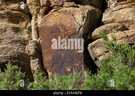 Figures anthropomorphes et moutons de bighorn sur un panneau d'art rupestre amérindien préhispanique Fremont à Nine Mile Canyon, Utah. Banque D'Images