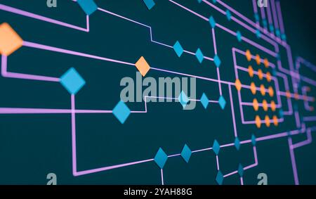 Réseau, arborescence de nœuds, concept, démission, connexion. Arborescence des nœuds, organigramme, concept, processus industriel, décision, connexion. Direction des lignes, reliées par des carrés orange et bleu, réseau. img node tree007s04 concept Banque D'Images