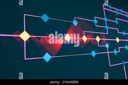 Réseau, arborescence de nœuds, concept, démission, connexion. Arborescence des nœuds, organigramme, concept, processus industriel, décision, connexion. Direction des lignes, reliées par des carrés orange et bleu, réseau. img node tree007s01 concept Banque D'Images