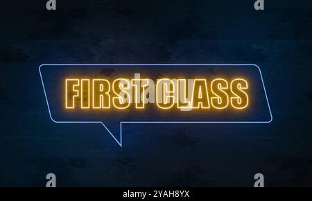 Première classe première classe. Enseigne lumineuse au néon en bleu et jaune sur un mur de béton foncé. Classe supérieure, qualité, premium, salon vip. néon sign0045 fi Banque D'Images
