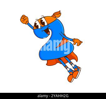 Maths numéro deux super héros groovy personnage volant pour sauver le monde avec poing levé et sourire heureux. Vecteur de dessin animé isolé personnage de défenseur éducatif à 2 chiffres pour les jeux amusants et l'apprentissage des enfants Illustration de Vecteur