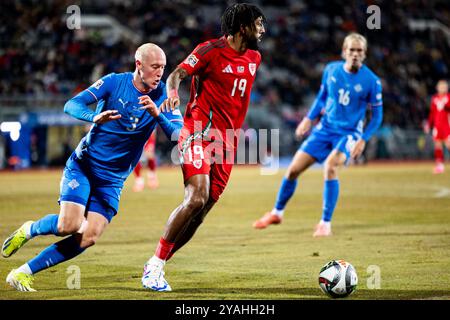 Sorba Thomas du pays de Galles en action. Islande v pays de Galles dans la Ligue des Nations de l'UEFA au stade Laugardalsvöllur le 11 octobre 2024. Banque D'Images