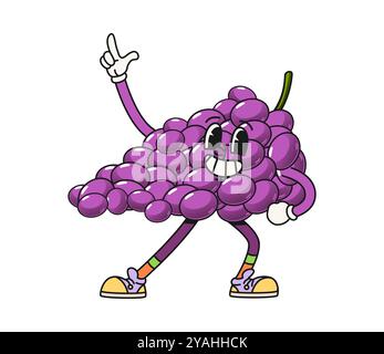 Personnage de fruit de raisin groovy de dessin animé. Les raisins mûrs vectoriels isolés se regroupent en personnages portant des baskets et des gants rétro, dansant joyeusement, souriant et clignotant avec des vibes amusantes et originales Illustration de Vecteur