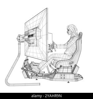 Image filaire d'une fille assise à un simulateur de jeu réaliste avec un volant, des pédales et trois moniteurs faits de lignes noires isolées sur un b blanc Illustration de Vecteur