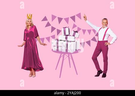 Composite tendance illustration croquis collage d'image de dame d'âge moyen couronne royale robe de style stand joyeux anniversaire fête homme danse Banque D'Images