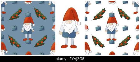 Vacances de Noël. Chapeaux du nouvel an, gnomes, cadeaux. Définissez des motifs sans couture dans le style de dessin à la main. Peut être utilisé pour le tissu et etc Illustration de Vecteur