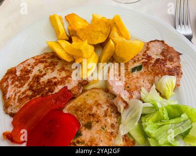 Longe de porc grillée avec pommes de terre frites, poivrons piquillo et salade de laitue. Espagne. Banque D'Images
