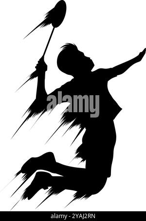 Silhouette d'un athlète de badminton effectuant un saut de frappe. Parfait pour les autocollants, les tatouages, la publicité, les sites Web Illustration de Vecteur