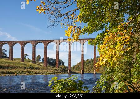 Viaduc Leaderfoot, près de Melrose, Écosse, Royaume-Uni. Scène automnale sur la rivière Tweed dans les Scottish Borders, le viaduc de Leaderfoot est également connu sous le nom de viaduc de Drygrange. Temperasture a commencé autour de 2 dedrees avec un léger gel et a augmenté à environ 11 degrés en début d'après-midi. Credit : Archwhite/Alamy Live news. Banque D'Images