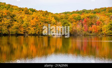 Mont St-Bruno, Canada - 13 oct. 2024 : saison d'automne colorée au Lac Moulin sur le Mont St-Bruno Banque D'Images