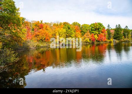 Mont St-Bruno, Canada - 13 oct. 2024 : saison d'automne colorée au Lac Moulin sur le Mont St-Bruno Banque D'Images