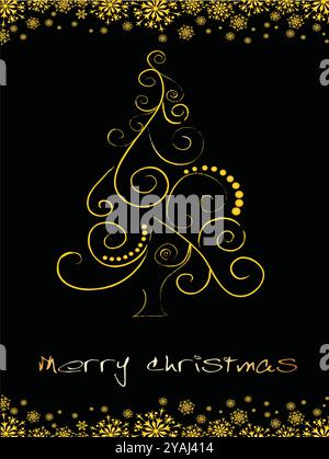 Signe joyeux noël avec un arbre en or. L'arbre est décoré de flocons de neige Illustration de Vecteur