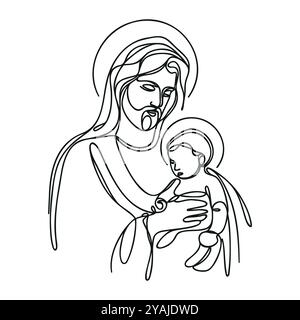 Un dessin de ligne continue d'un Jésus-Christ minimal tenant un bébé dans ses bras Illustration de Vecteur