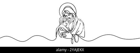 Un dessin de ligne continue d'un Jésus-Christ minimal tenant un bébé dans ses bras Illustration de Vecteur