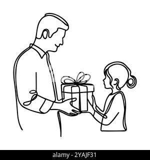 Dessin continu d'une ligne de père donnant cadeau à la fille, concept de fête d'anniversaire d'enfants, dessin d'une ligne Illustration de Vecteur