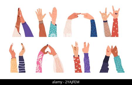 Les mains féminines de différents tons de peau montrent des gestes Illustration de Vecteur