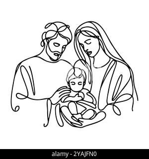 Continu d'une ligne vecteur de Noël scène de nativité chrétienne de bébé Jésus avec Marie et Joseph. Scène de Bethléem. Illustration de Vecteur