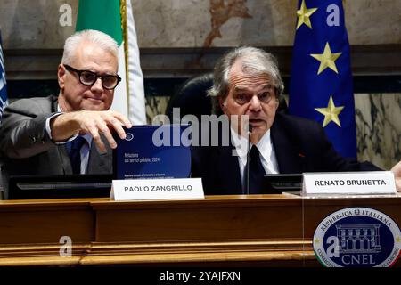 Roma, Italie. 14 octobre 2024. Il presidente del CNEL Renato Brunetta presenta al Ministro per la Pubblica Amministrazione Paolo Zangrillo la Relazione sui servizi pubblici 2024 - Roma, Italia - Luned&#xec;, 14 Ottobre 2024 (foto Cecilia Fabiano/LaPresse) le président du CNEL Renato Brunetta présente le rapport 2024 sur les services publics au ministre de l'Administration publique Paolo Zangrillo&#xie ; Rome, Italie - lundi 14 octobre 2014 - 2024 LaPresse (photo Live/LaPresse) Banque D'Images