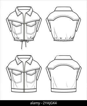 Vector Drop épaule veste avec fermeture éclair mode CAD, femme sans manches Crop shirt dessin technique, croquis, modèle, plat, maquette. Tissu tissé 2 pc Illustration de Vecteur