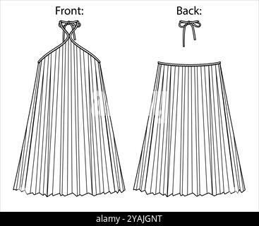 Vector mini robe plisse mode CAD, femme évasée robe courte sans bretelles dessin technique, modèle, croquis, plat, maquette. Jersey ou tissu tissé su Illustration de Vecteur