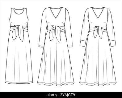 Vector maxi bohème robe sans manches mode CAD, femme robe longue évasée avec dessin technique d'arc, modèle, croquis, plat, maquette. Jersey ou Wove Illustration de Vecteur