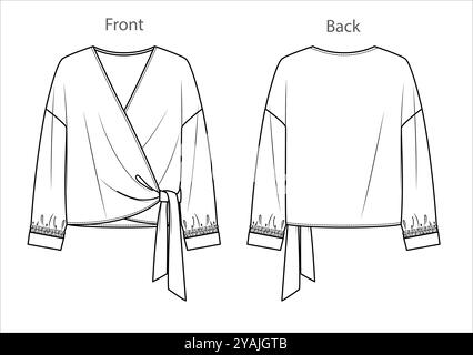 Chemisier à col V vectoriel avec détail de smock mode CAD, femme enveloppe T-shirt manches longues dessin technique, croquis, modèle, plat, maquette. Jersey ou tissé Illustration de Vecteur