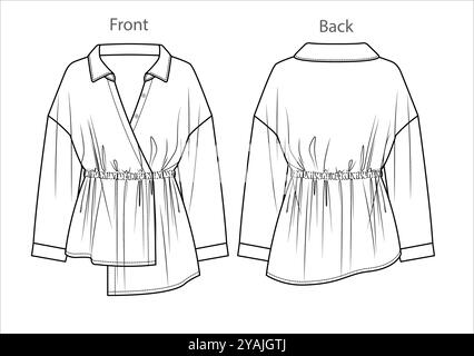 Vector Drop épaule blouse avec taille élastique CAD mode, femme manches longues chemise enveloppée dessin technique, croquis, modèle, plat, maquette. W Illustration de Vecteur