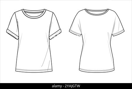 Haut de mode à col rond vectoriel CAD, femme 2 lacets t shirt dessin technique, haut à manches courtes avec franges plates, modèle, croquis. Jersey ou wove Illustration de Vecteur