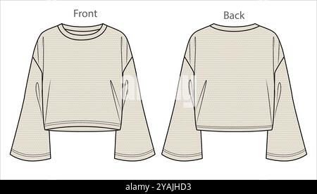 Vector manches longues oversize top mode CAD, femme Boxy forme col rond avec manches cloches sweat-shirt dessin technique, modèle, maquette, plat. Moi Illustration de Vecteur