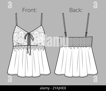 Dessin technique haut sans bretelles vectoriel, chemisier croisé femme avec bretelles mode CAD, débardeur à col en V avec modèle de détail de dentelle et de noeud, croquis, plat. RO Illustration de Vecteur