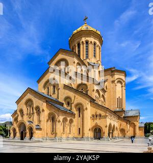 gros plan en regardant la cathédrale de la sainte trinité à tbilissi géorgie avec le ciel bleu et les nuages élevés Banque D'Images