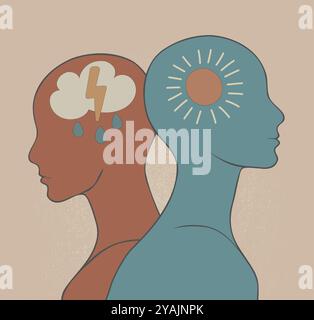 Silhouette de 2 têtes. Métaphore trouble bipolaire mental. Double visage avec le symbole d'une pluie nuageuse avec la foudre - soleil. Psychologie des troubles de l'humeur Illustration de Vecteur