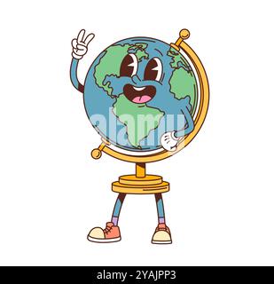 Symbole de paix clignotant de personnage de globe d'école groovy. Planète terre vectorielle de dessin animé isolé, carte géographique rétro, personnage d'article éducatif avec visage souriant, mettant en valeur une expression faciale amicale Illustration de Vecteur
