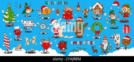 Personnages de Noël groovy de dessin animé rétro. Père Noël, arbre, baies de houx, canne à bonbons et boule. Cadeaux et maison en pain d'épices, lettre, flocon de neige et ours, couronne, elfe ou boule, patin à glace, verres à champagne Illustration de Vecteur