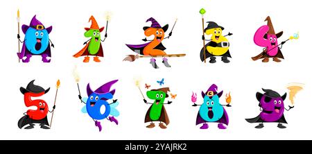 Numéro mathématique de dessin animé magicien d'Halloween, sorcière et personnages de mage dans des costumes de fête de trick ou de traitement. Personnages vectoriels d'éducation des enfants des chiffres et chiffres mathématiques de vacances d'Halloween avec des baguettes magiques Illustration de Vecteur