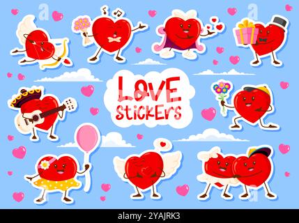 Valentine Love Heart stickers Vector Set. Patchs adhésifs de Saint-Valentin sur le thème de l'amour mignons de dessin animé avec des personnages joyeux et affectueux de cœur engagés dans des activités romantiques sur fond bleu ciel nuageux Illustration de Vecteur