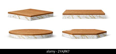 scène de podium en marbre blanc 3d avec plaque de plancher en bois. Bases marbrées blanches élégantes géométriques vectorielles avec des surfaces en bois élégantes. Présentoirs ou plates-formes pour la présentation de produits ou de marques Illustration de Vecteur