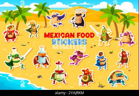 Personnages de cuisine mexicaine super-héros de dessin animé sur une plage tropicale avec du sable doré et des palmiers. Vecteur de bande dessinée burrito, nacho, tamale, poivre jalapeno et taco. Bouteille de tequila et sauce piquante et avocat Illustration de Vecteur