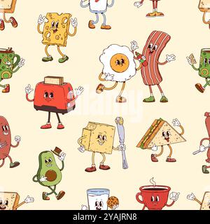 Motif sans couture des personnages de petit-déjeuner groovy. Fond de tuile de vecteur avec bacon rétro drôle, oeuf, pain grillé, beurre, sandwich, grille-pain et tasses à thé ou à café avec tranche de fromage montrant des expressions joyeuses Illustration de Vecteur