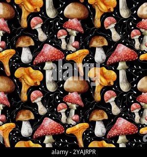 Motif sans couture avec des champignons aquarelle juteux rouge, orange et brun. Chanterelles dessinées à la main, boletus et amanita répétition de motif avec des brindilles Banque D'Images